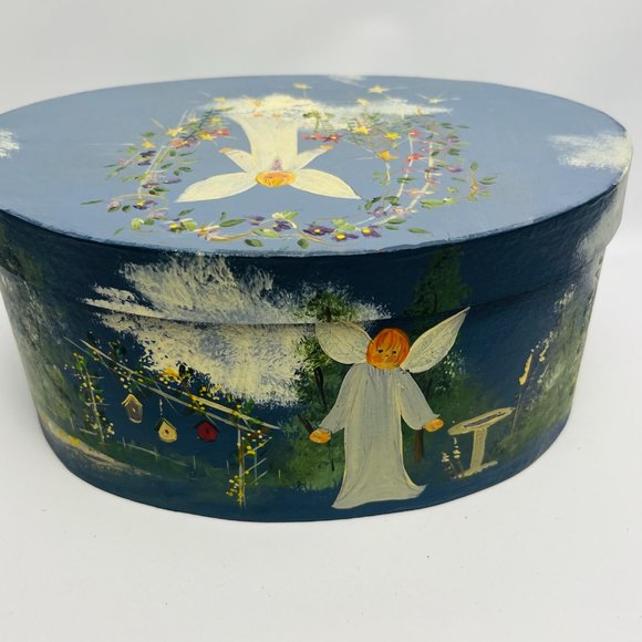 Hand Painted Angels Scene 8.5" Oval Lidded Cardboard Storage Trinket Box Vtg - Picture 6 of 11